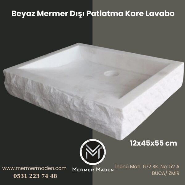 Beyaz Mermer Dışı Patlatma Kare Lavabo | Modern ve Şık Doğal Taş Lavabo