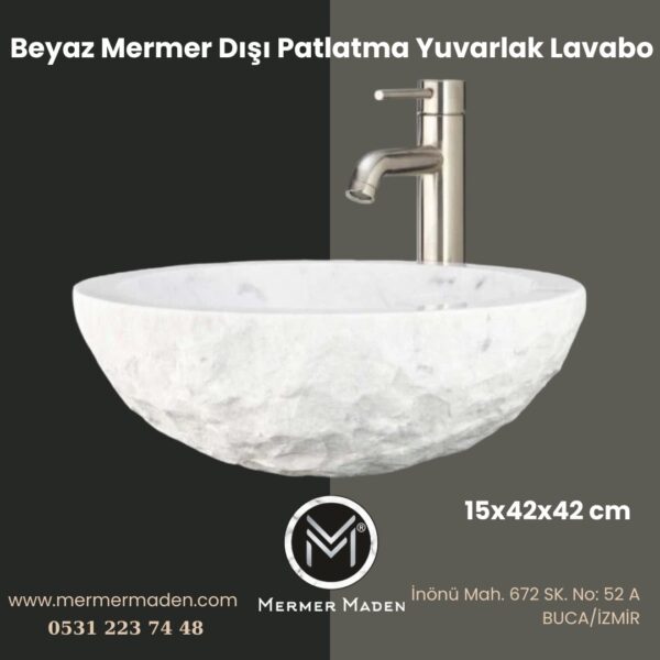 Beyaz Mermer Dışı Patlatma Yuvarlak Lavabo | Modern ve Şık Doğal Taş Lavabo