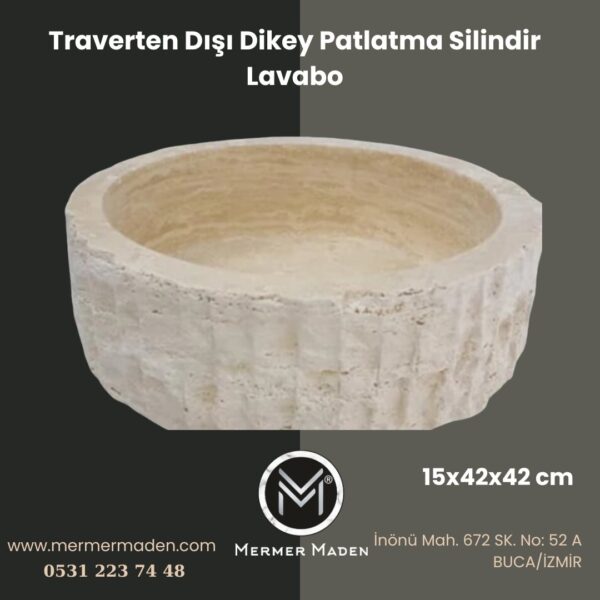 Traverten Dışı Dikey Patlatma Silindir Lavabo | Modern ve Şık Doğal Taş Lavabo