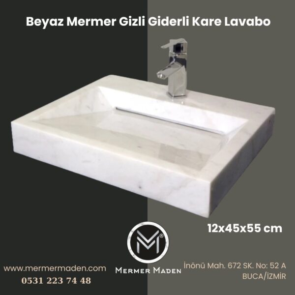 Beyaz Mermer Gizli Giderli Kare Lavabo | Modern ve Şık Doğal Taş Lavabo