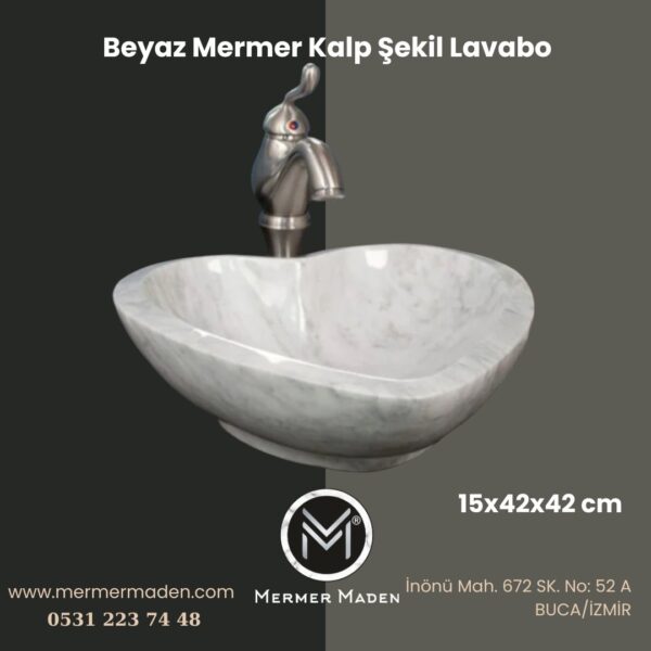 Beyaz Mermer Kalp Şekil Lavabo | Modern ve Şık Doğal Taş Lavabo