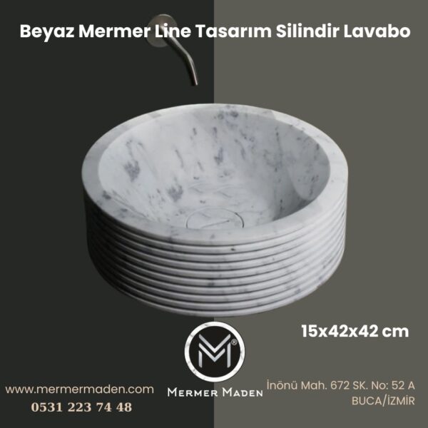 Beyaz Mermer Line Tasarım Silindir Lavabo | Modern ve Şık Doğal Taş Lavabo