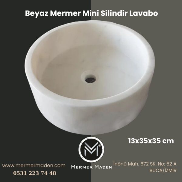 Beyaz Mermer Mini Silindir Lavabo | Modern ve Şık Doğal Taş Lavabo