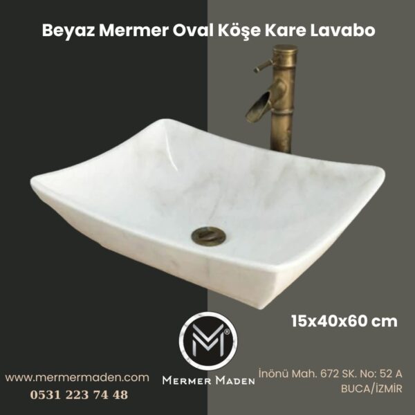 Beyaz Mermer Oval Köşe Kare Lavabo | Modern ve Şık Doğal Taş Lavabo
