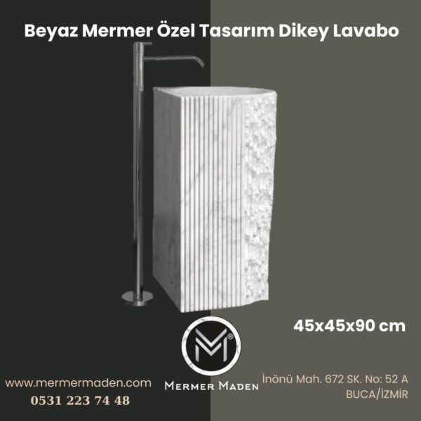 Beyaz Mermer Özel Tasarım Dikey Lavabo | Modern ve Şık Doğal Taş Lavabo