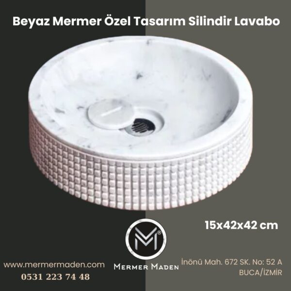 Beyaz Mermer Özel Tasarım Silindir Lavabo | Modern ve Şık Doğal Taş Lavabo