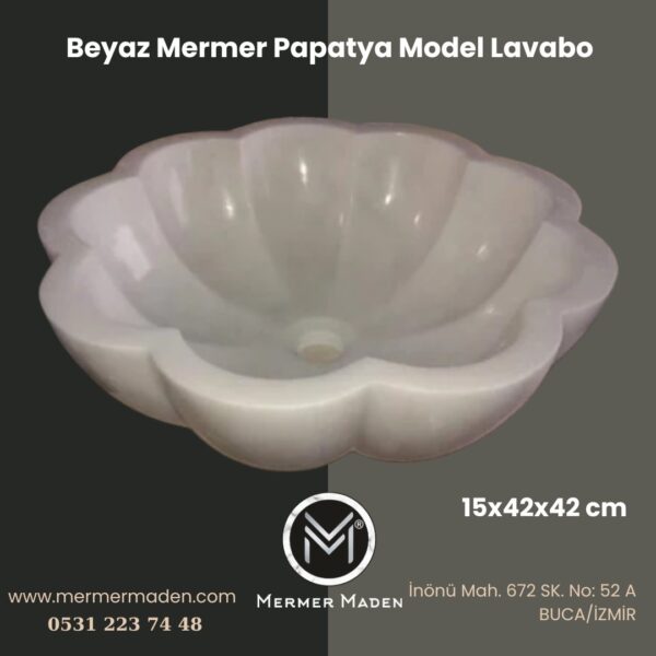 Beyaz Mermer Papatya Model Lavabo | Modern ve Şık Doğal Taş Lavabo