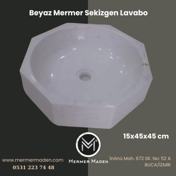 Beyaz Mermer Sekizgen Lavabo | Modern ve Şık Doğal Taş Lavabo