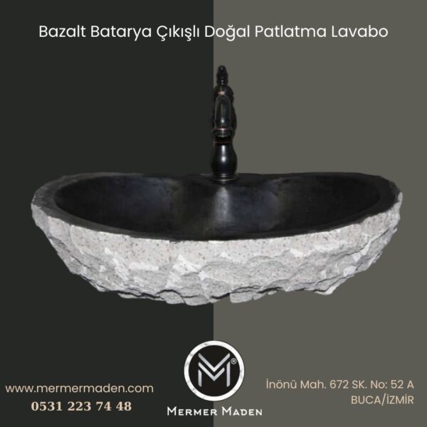 Bazalt Batarya Çıkışlı Doğal Patlatma Lavabo | Modern ve Şık Doğal Taş Lavabo
