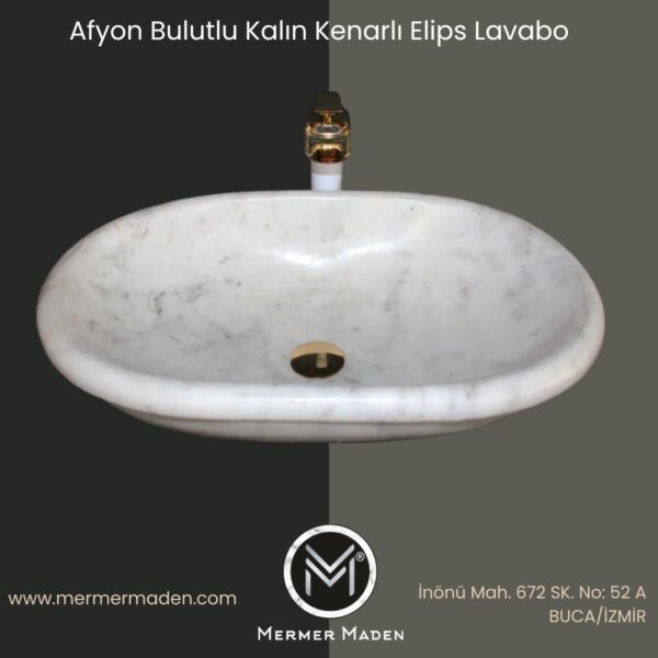 Afyon Bulutlu Kalın Kenarlı Elips Lavabo | Modern ve Şık Doğal Taş Lavabo