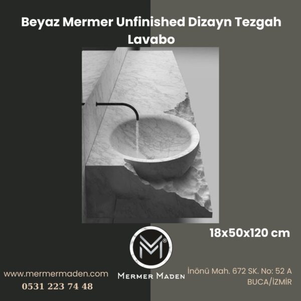 Beyaz Mermer Unfinished Dizayn Tezgah Lavabo | Modern ve Şık Doğal Taş Lavabo