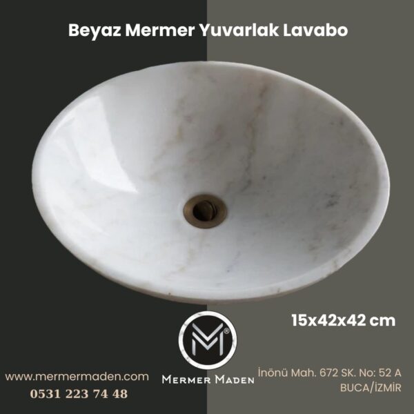 Beyaz Mermer Yuvarlak Lavabo | Modern ve Şık Doğal Taş Lavabo