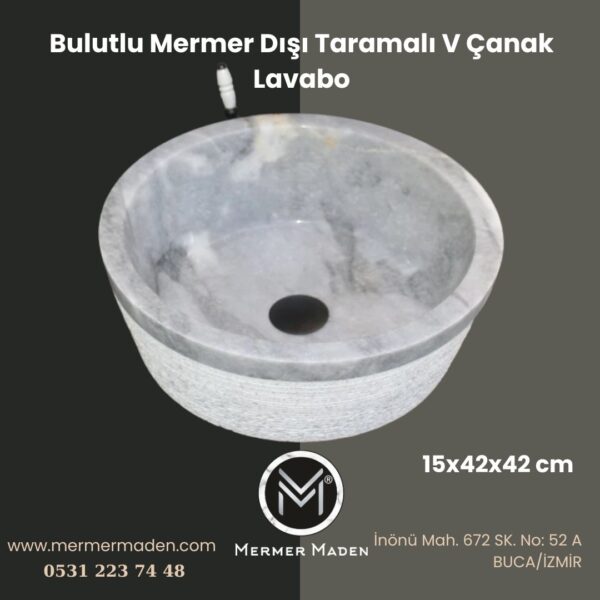 Bulutlu Mermer Dışı Taramalı V Çanak Lavabo | Modern ve Şık Doğal Taş Lavabo