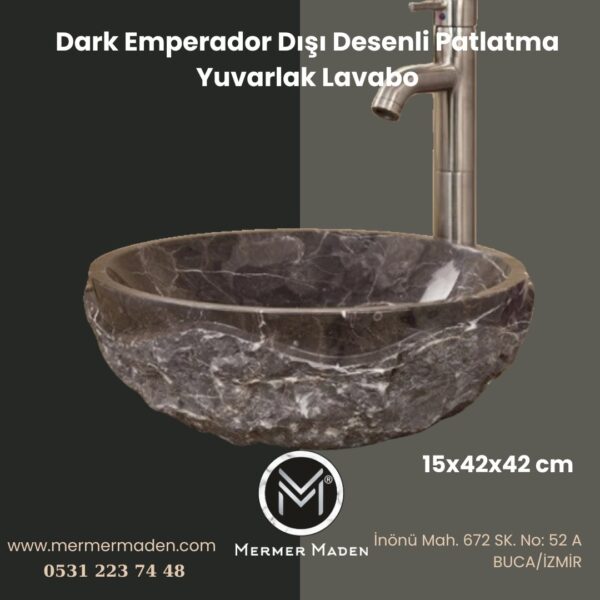 Dark Emperador Dışı Desenli Patlatma Yuvarlak Lavabo | Modern ve Şık Doğal Taş Lavabo