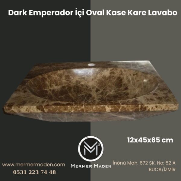 Dark Emperador İçi Oval Kase Kare Lavabo | Modern ve Şık Doğal Taş Lavabo