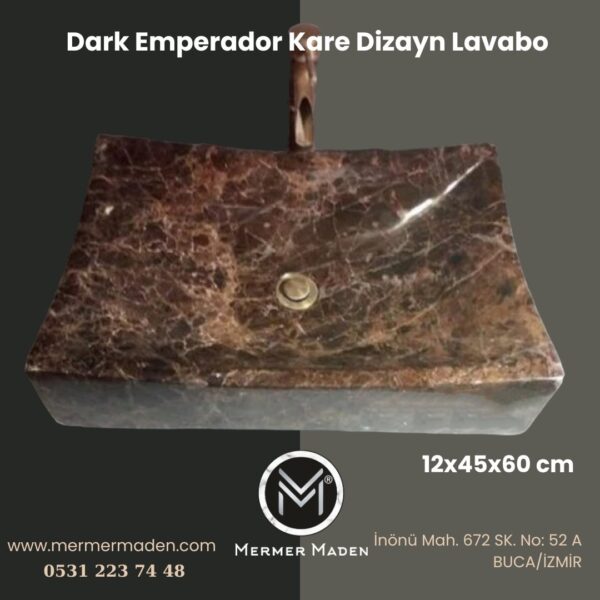 Dark Emperador Kare Dizayn Lavabo | Modern ve Şık Doğal Taş Lavabo