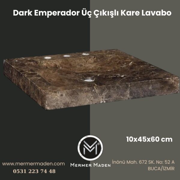 Dark Emperador Üç Çıkışlı Kare Lavabo | Modern ve Şık Doğal Taş Lavabo