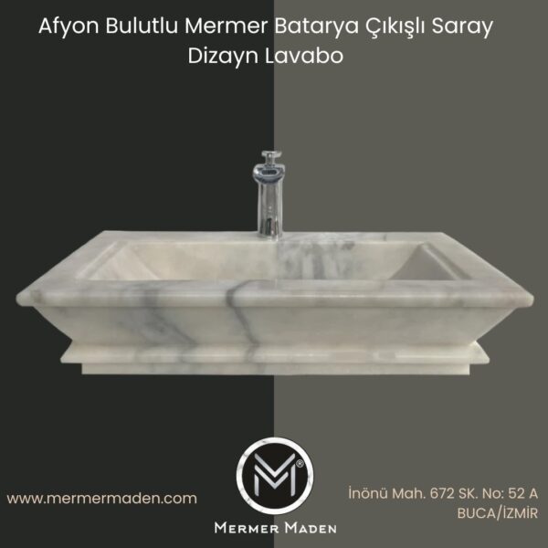 Afyon Bulutlu Mermer Batarya Çıkışlı Saray Dizayn Lavabo | Modern ve Şık Doğal Taş Lavabo