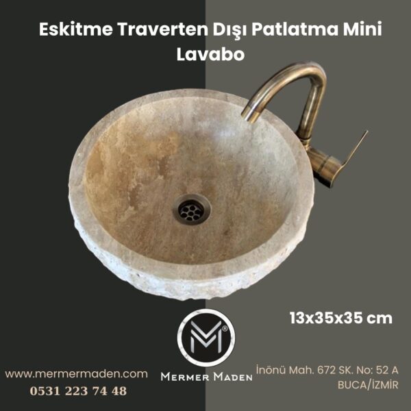Eskitme Traverten Dışı Patlatma Mini Lavabo | Modern ve Şık Doğal Taş Lavabo