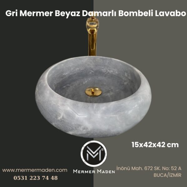 Gri Mermer Beyaz Damarlı Bombeli Lavabo | Modern ve Şık Doğal Taş Lavabo