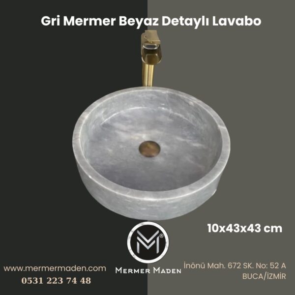 Gri Mermer Beyaz Detaylı Lavabo | Modern ve Şık Doğal Taş Lavabo