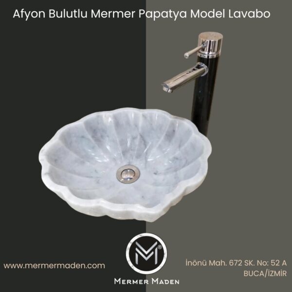 Afyon Bulutlu Mermer Papatya Model Lavabo | Modern ve Şık Doğal Taş Lavabo