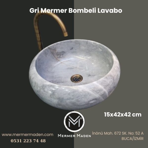 Gri Mermer Bombeli Lavabo | Modern ve Şık Doğal Taş Lavabo