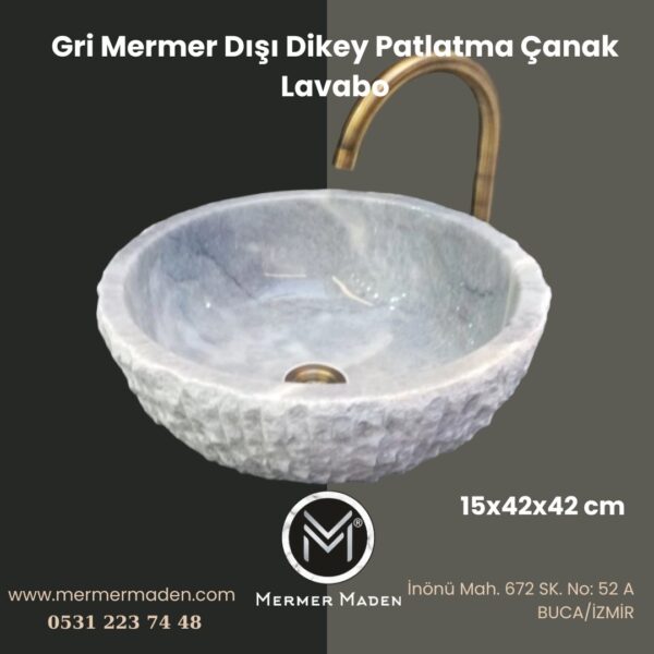 Gri Mermer Dışı Dikey Patlatma Çanak Lavabo | Modern ve Şık Doğal Taş Lavabo
