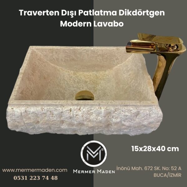 Traverten Dışı Patlatma Dikdörtgen Modern Lavabo | Modern ve Şık Doğal Taş Lavabo