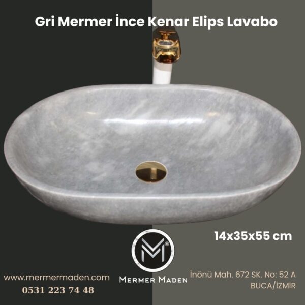Gri Mermer İnce Kenar Elips Lavabo | Modern ve Şık Doğal Taş Lavabo