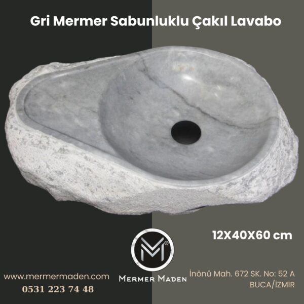 Gri Mermer Sabunluklu Çakıl Lavabo | Modern ve Şık Doğal Taş Lavabo