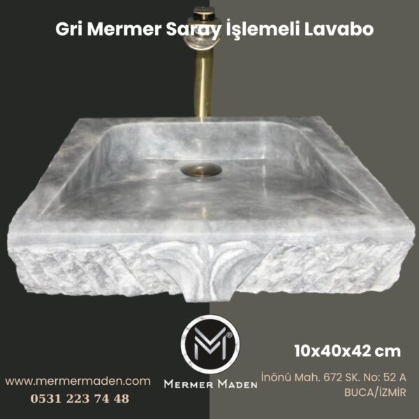 Gri Mermer Saray İşlemeli Lavabo | Modern ve Şık Doğal Taş Lavabo