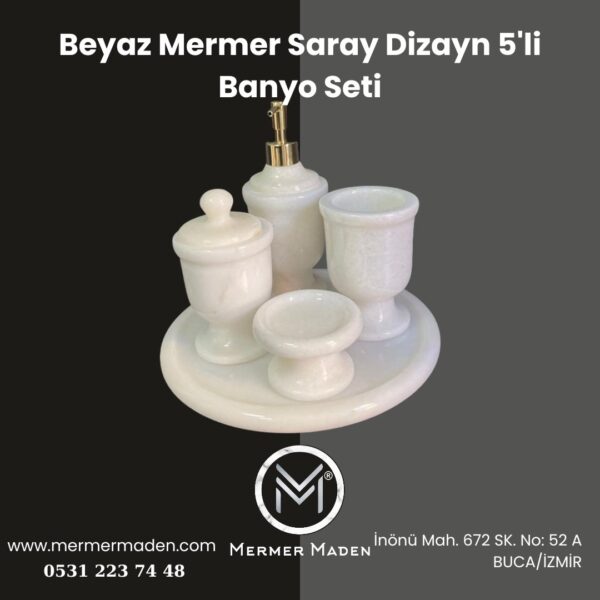 Beyaz Mermer Saray Dizayn 5'li Banyo Seti