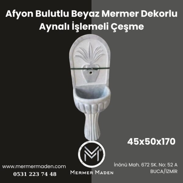 Afyon Bulutlu Beyaz Mermer Dekorlu Aynalı İşlemeli Çeşme | Doğal Taş Bahçe Çeşmesi