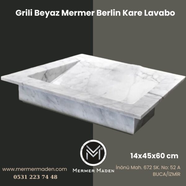 Grili Beyaz Mermer Berlin Kare Lavabo | Modern ve Şık Doğal Taş Lavabo