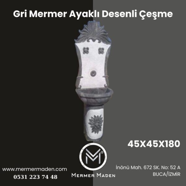 Gri Mermer Ayaklı Desenli Çeşme | Doğal Taş Bahçe Çeşmesi