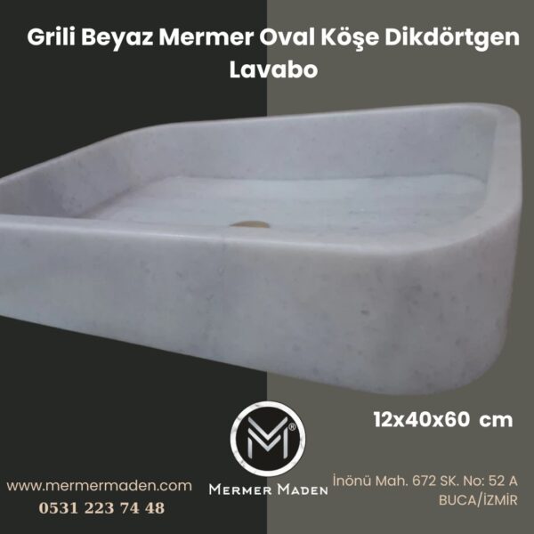 Grili Beyaz Mermer Oval Köşe Dikdörtgen Lavabo | Modern ve Şık Doğal Taş Lavabo