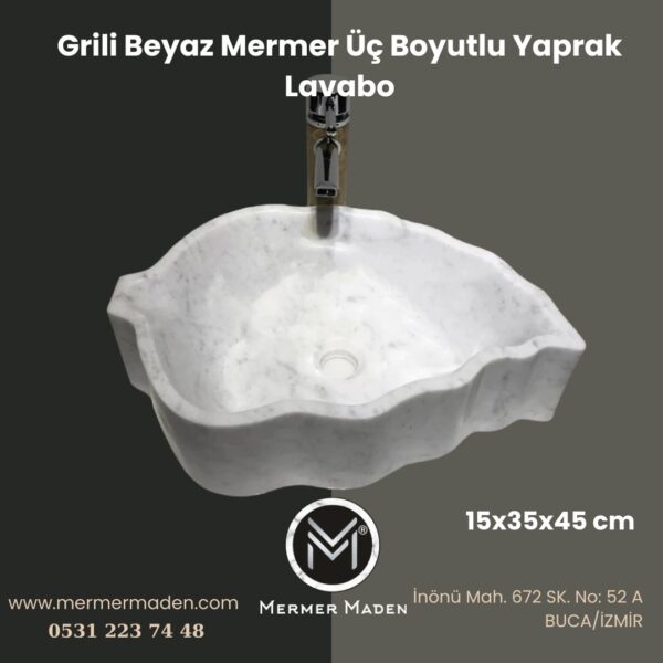 Grili Beyaz Mermer Üç Boyutlu Yaprak Lavabo | Modern ve Şık Doğal Taş Lavabo