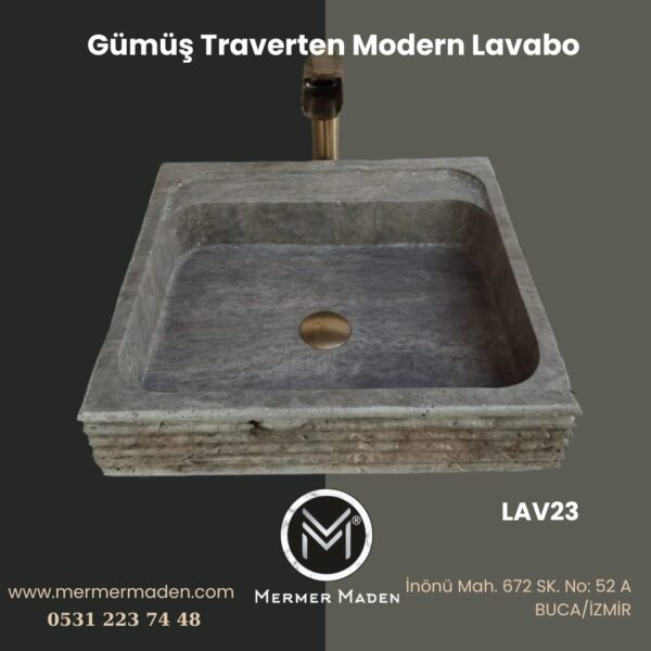 Gümüş Traverten Modern Lavabo | Modern ve Şık Doğal Taş Lavabo