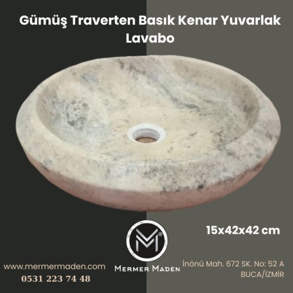 Gümüş Traverten Basık Kenar Yuvarlak Lavabo | Modern ve Şık Doğal Taş Lavabo