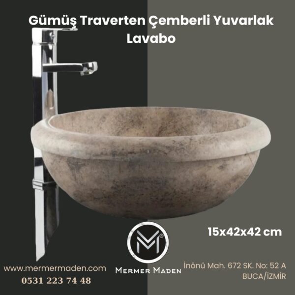 Gümüş Traverten Çemberli Yuvarlak Lavabo | Modern ve Şık Doğal Taş Lavabo