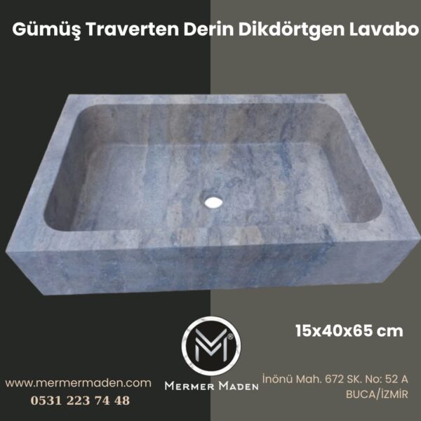 Gümüş Traverten Derin Dikdörtgen Lavabo | Modern ve Şık Doğal Taş Lavabo
