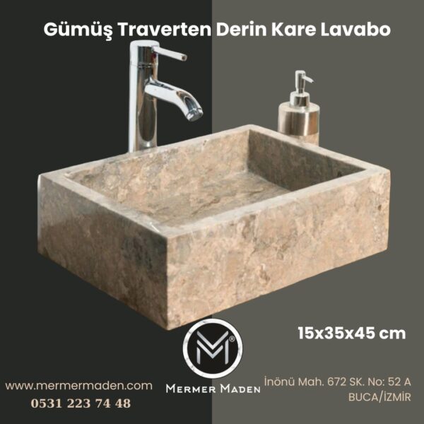 Gümüş Traverten Derin Kare Lavabo | Modern ve Şık Doğal Taş Lavabo