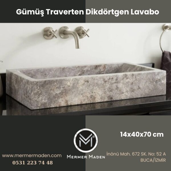 Gümüş Traverten Dikdörtgen Lavabo | Modern ve Şık Doğal Taş Lavabo