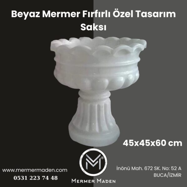 Beyaz Mermer Fırfırlı Özel Tasarım Saksı