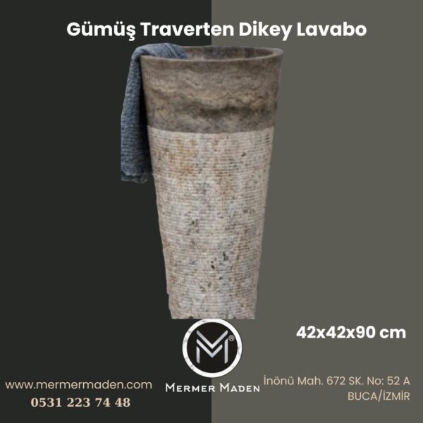 Gümüş Traverten Dikey Lavabo | Modern ve Şık Doğal Taş Lavabo