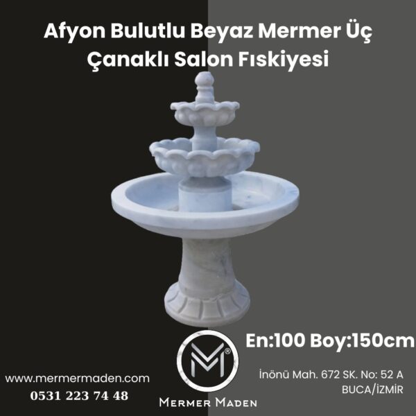 Afyon Bulutlu Beyaz Mermer Üç Çanaklı Salon Fıskiyesi