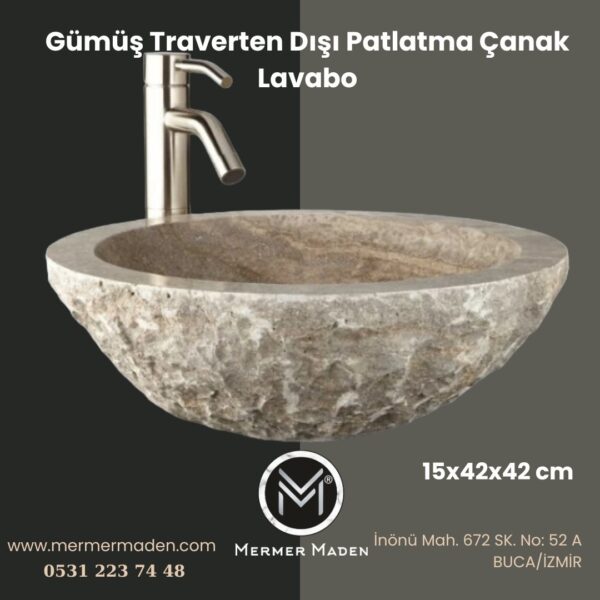 Gümüş Traverten Dışı Patlatma Çanak Lavabo | Modern ve Şık Doğal Taş Lavabo