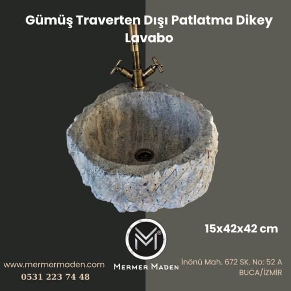 Gümüş Traverten Dışı Patlatma Doğal Tasarım Lavabo | Modern ve Şık Doğal Taş Lavabo