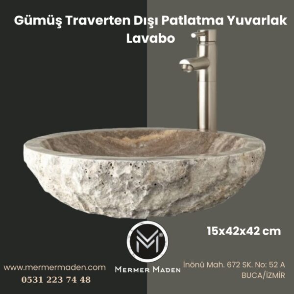 Gümüş Traverten Dışı Patlatma Yuvarlak Lavabo | Modern ve Şık Doğal Taş Lavabo
